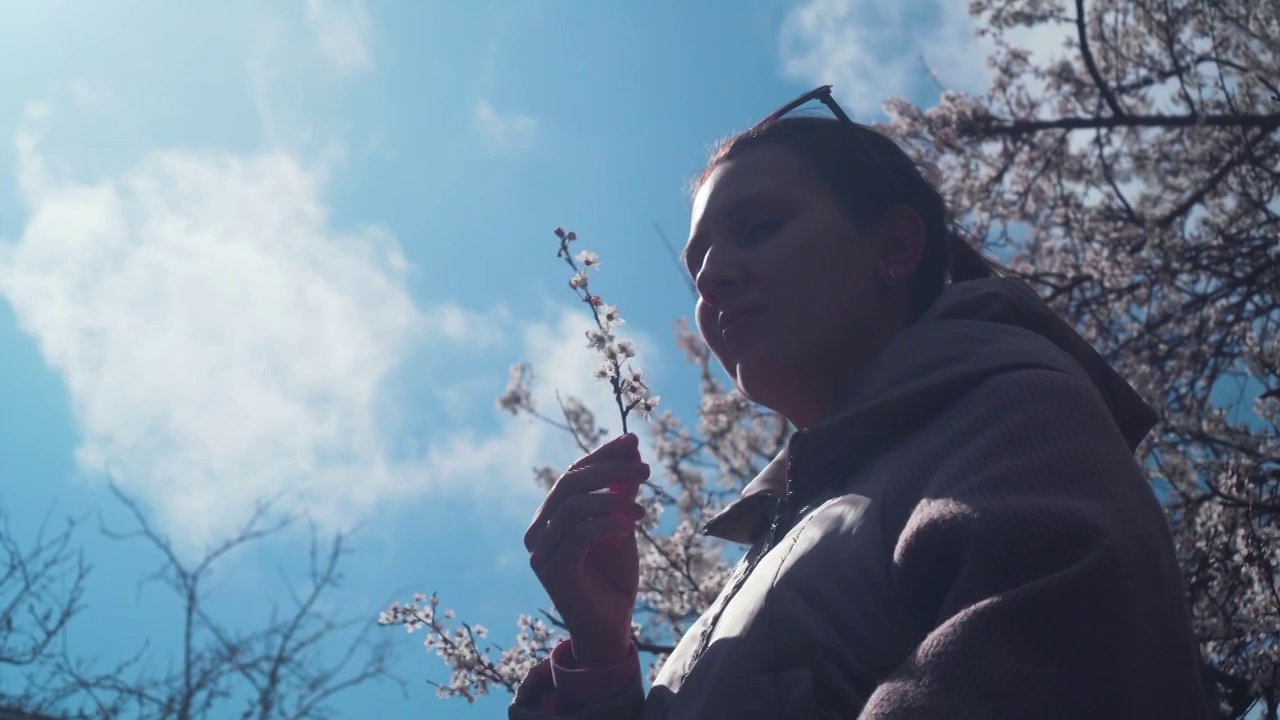 美丽的少女在春天的樱桃园里享受自然，快乐的美丽的少女在树木盛开的花园里。春天，树和天空背景上的女人视频素材