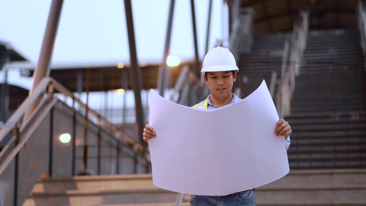 男工程师戴着安全帽在工地看设计图视频素材