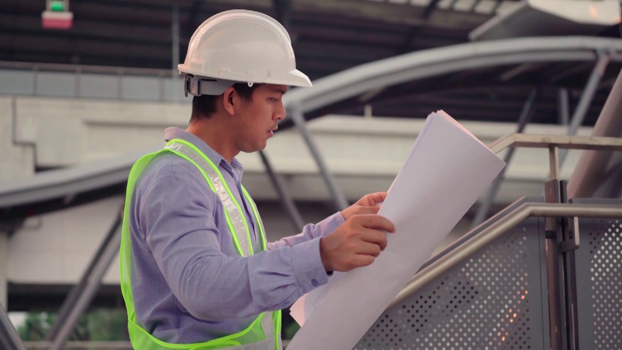 土建工程师在施工现场检查建筑师图纸。视频素材