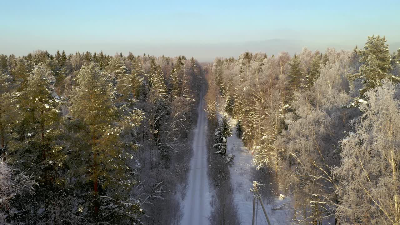 鸟瞰图美丽的县城公路在冰天雪地的仙女森林阳光明媚的天气。无人机在路上向前移动视频下载