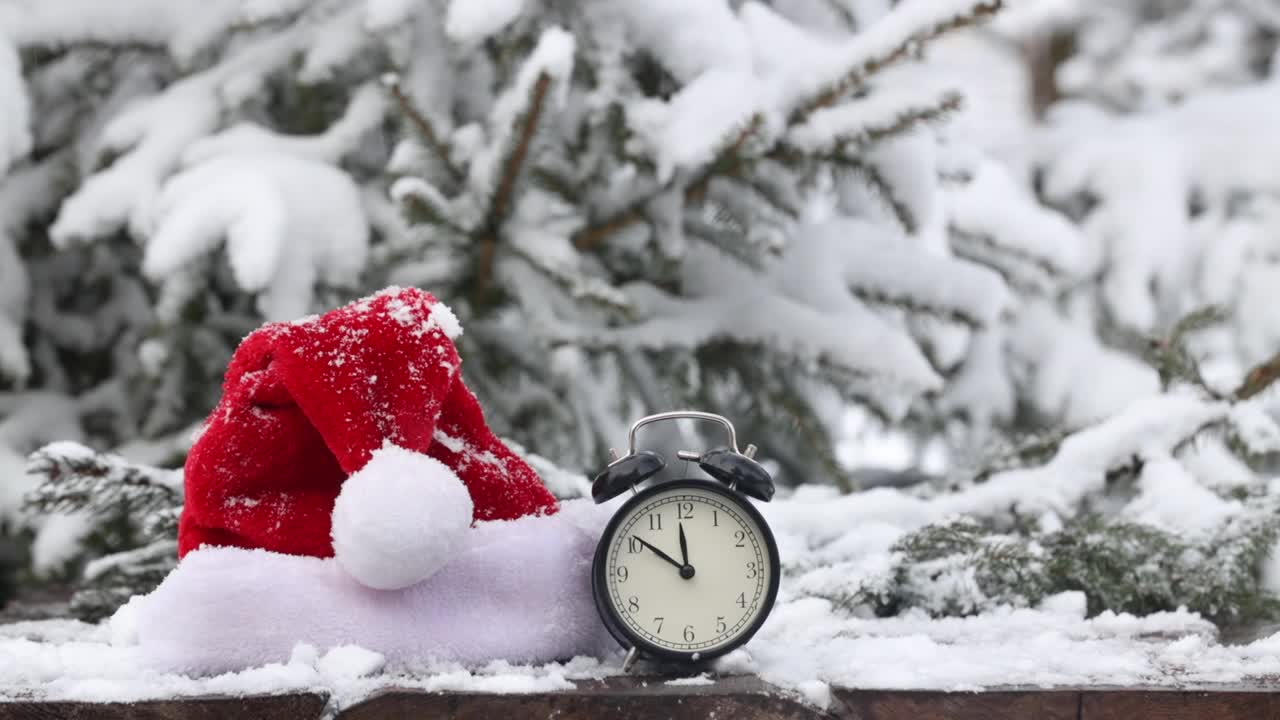 圣诞老人的帽子和古董闹钟放在大风雪的木桌上视频素材