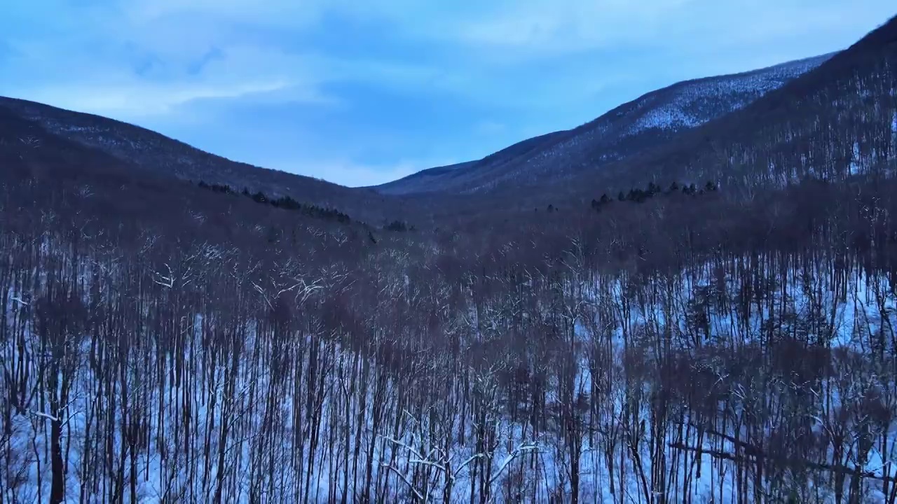 无人机拍摄的黄昏时分白雪覆盖的山谷视频素材