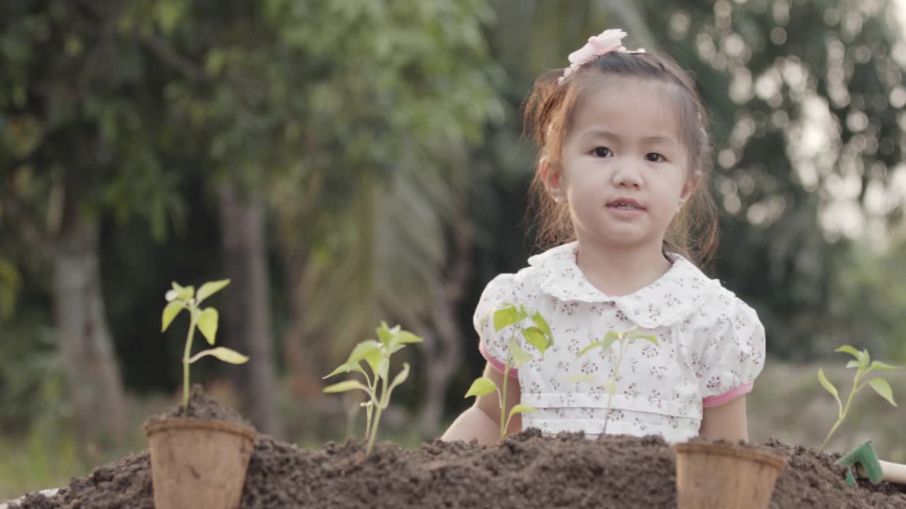 亚洲小女孩带着幼苗在花园里的土壤里视频素材