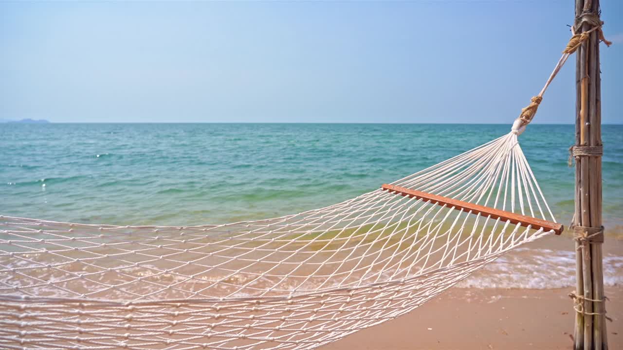 空吊床周围的海滩，海洋，海洋视频素材