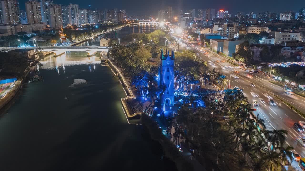 海口钟塔人工灯光秀夜景持续视频素材