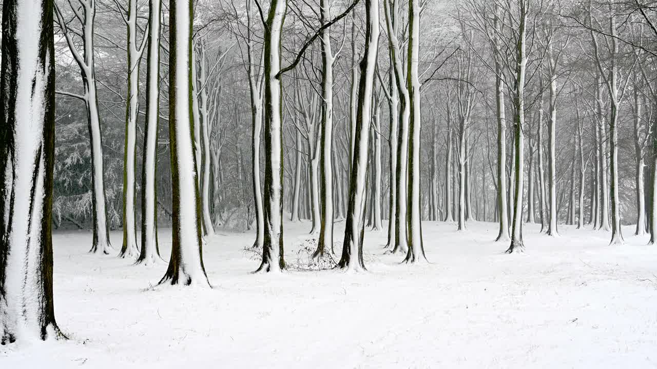 大雪期间，雪覆盖了一条穿过树林的小路视频素材