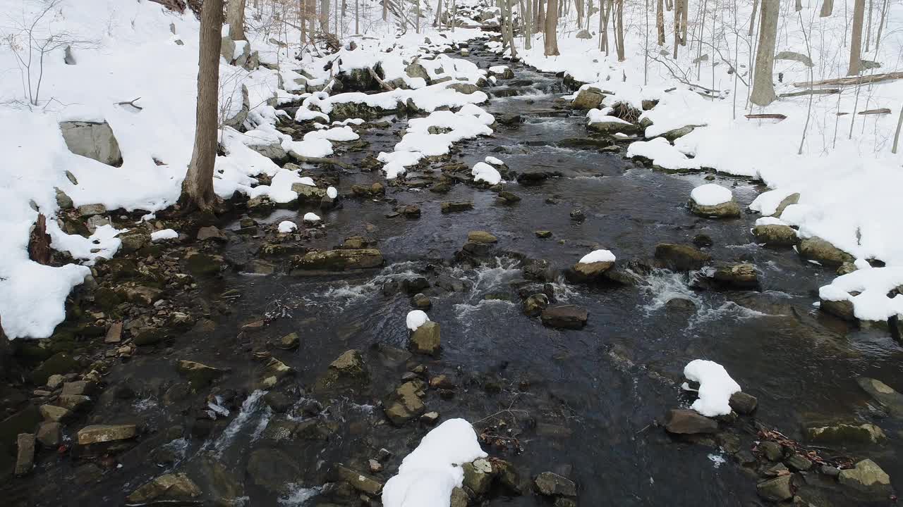 山溪冬天雪多，水上飞快视频素材