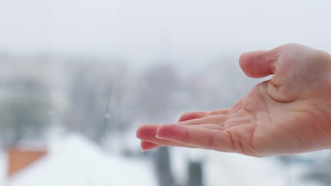 雪落到女人手里的慢动作。白雪覆盖的城市，雪花飞舞的慢镜头。散焦。有选择性的重点。模糊的冬季背景寒冷的天气视频素材