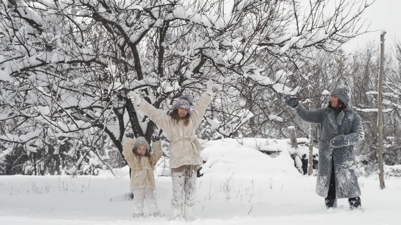 冬季家庭乐趣。幸福的家庭是享受雪和雪，在户外玩耍，在下雪的冬天一起在公园或森林里度过时光。慢动作视频素材