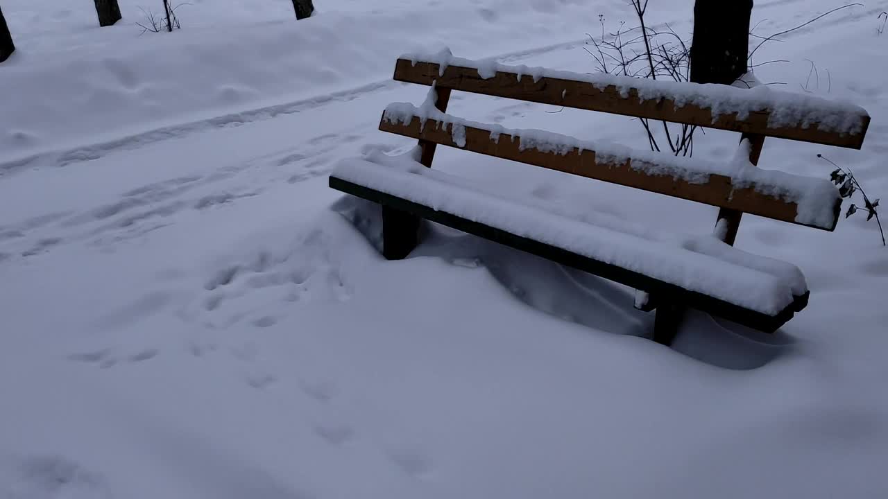 一场大雪过后，公园里的木凳完全被雪覆盖了。冬天寒冷的早晨下着雪，空荡荡的长凳上覆盖着积雪。视频素材