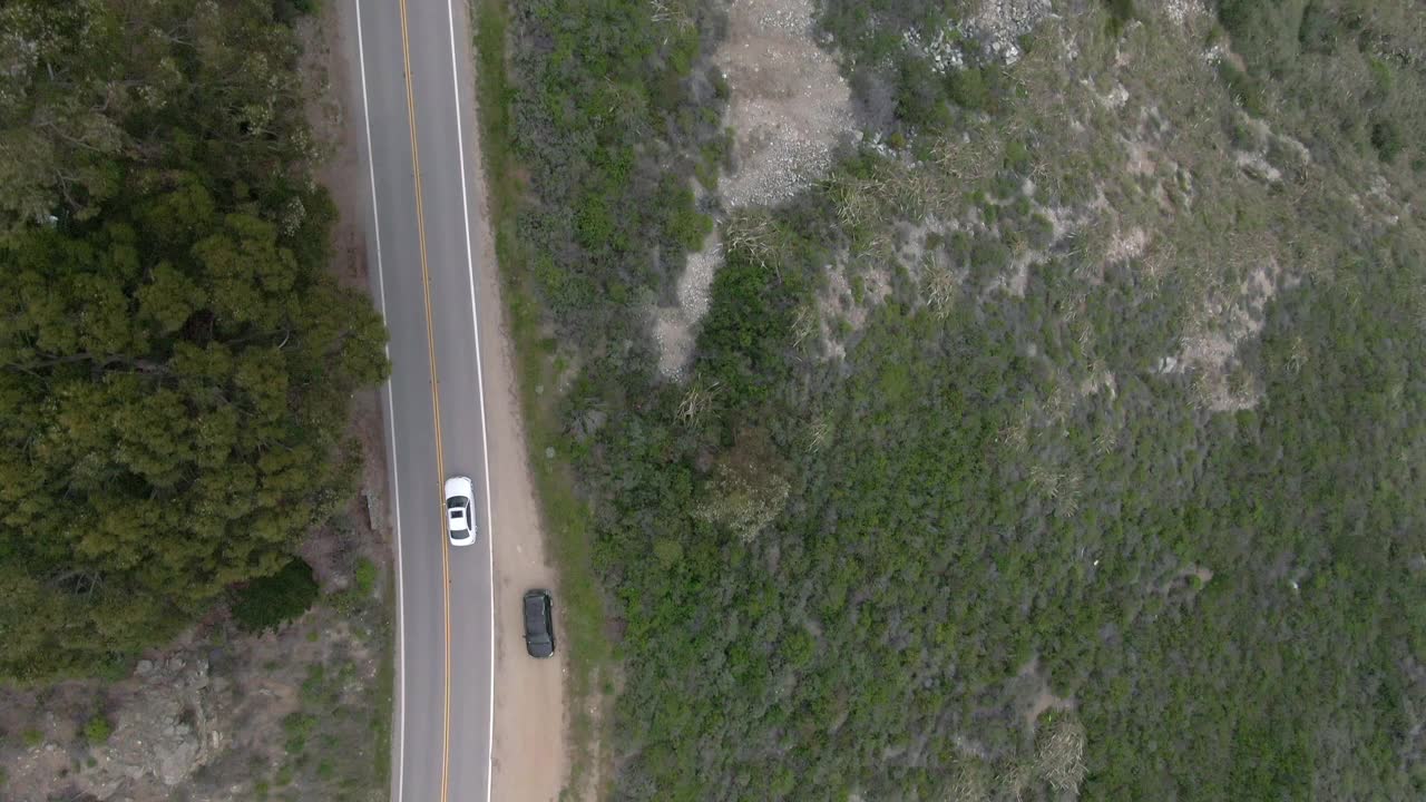 鸟瞰图上的车辆在沿海道路中植物，无人机向前飞行的汽车-大苏尔，加利福尼亚视频素材