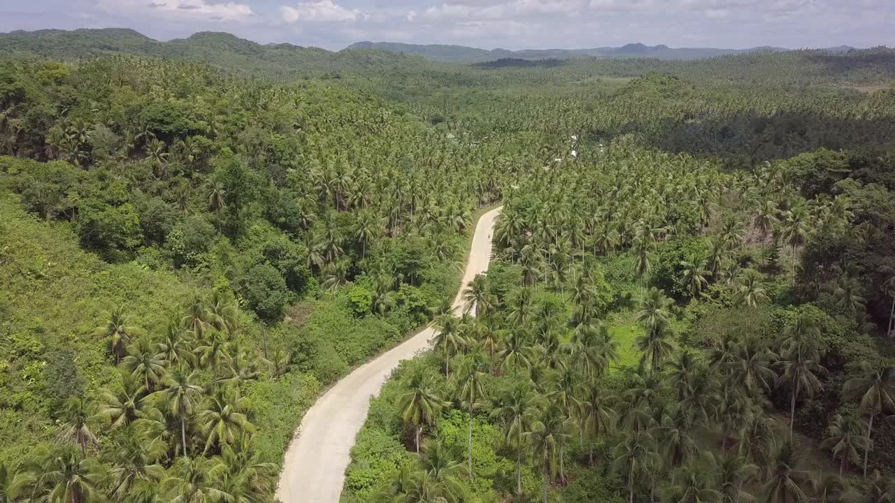 鸟瞰图的车辆在道路中棕榈树在森林，无人机飞向前- Siargao，菲律宾视频素材