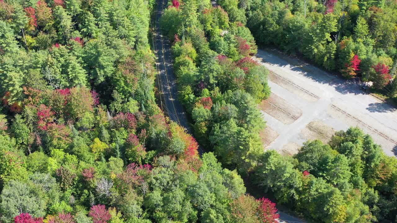 空中拍摄的道路在秋天的树木中，无人机飞行向前在晴朗的一天-森林湖，新罕布什尔州视频素材