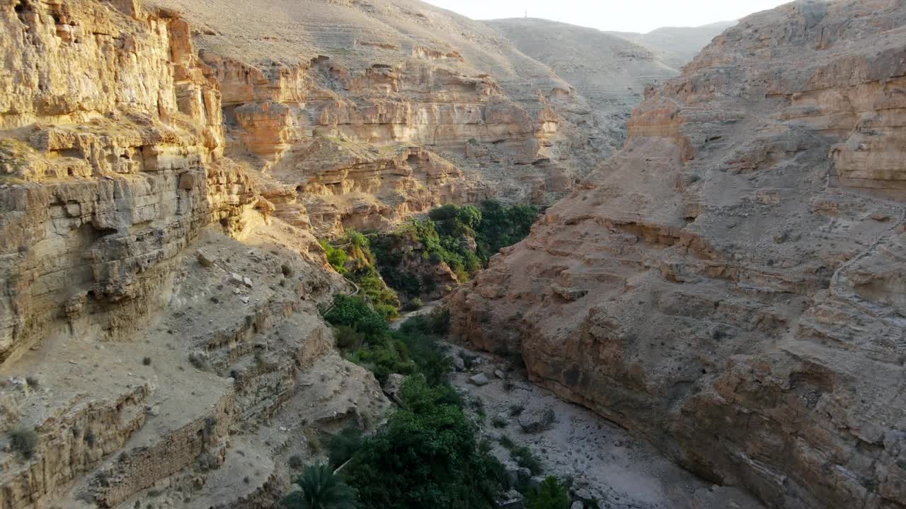 航拍山谷中美丽的岩石悬崖，无人机向前飞行的景观-约旦河西岸，以色列视频素材