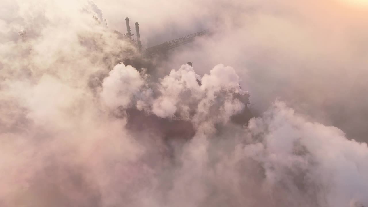 植物管道污染大气。工业工厂的污染，烟囱的废气。工业区，浓烟滚滚。气候变化、生态。史诗般的空中大烟囱。视频素材