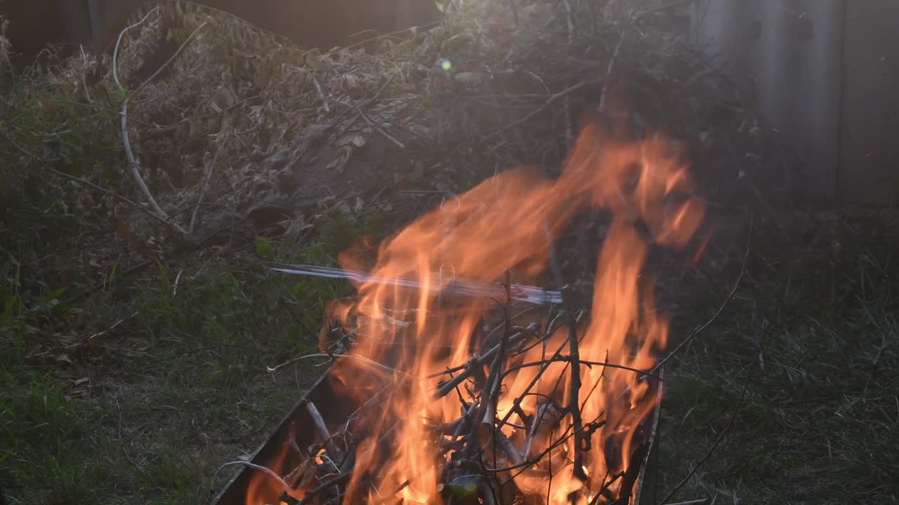 室外燃烧的火。在模糊的乡村背景下，篝火火焰中的枯枝和树枝视频素材