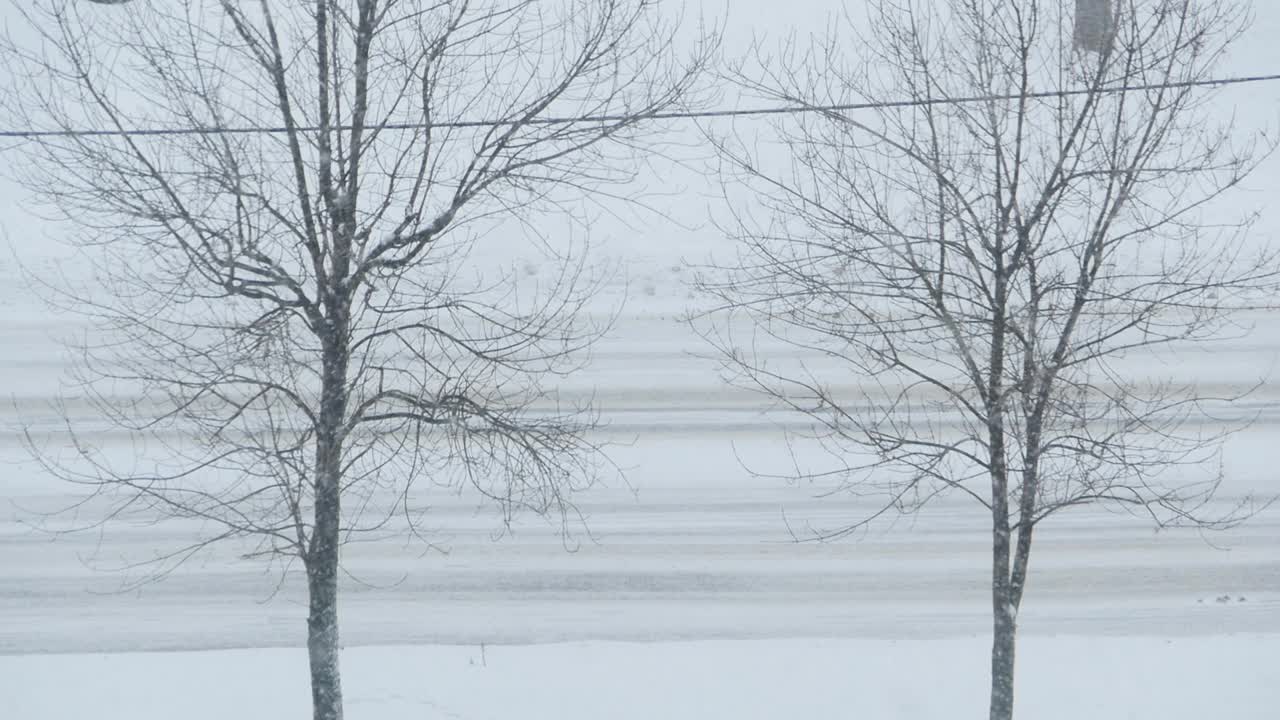 在暴风雪中在路上行驶的汽车视频素材