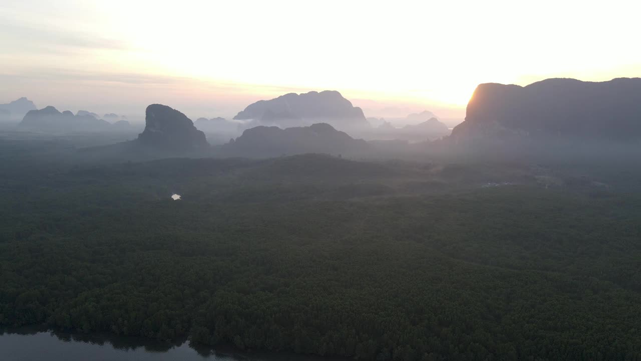 4k鸟瞰图多莉湿地河在红树林日出时间视频素材