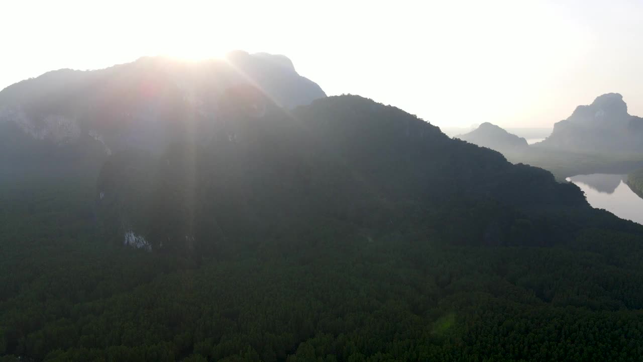 4k鸟瞰图多莉湿地河在红树林日出时间视频素材