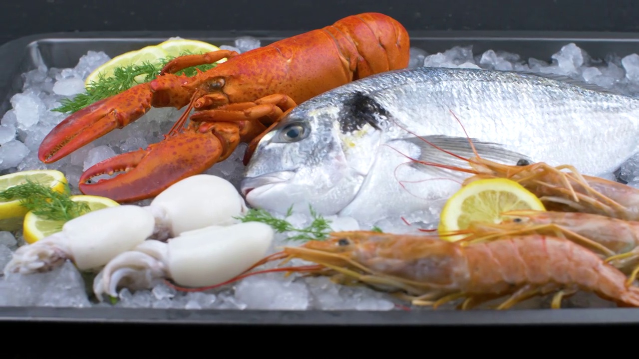 新鲜的海鲷、龙虾、虾仁、墨鱼加冰柠檬片视频素材