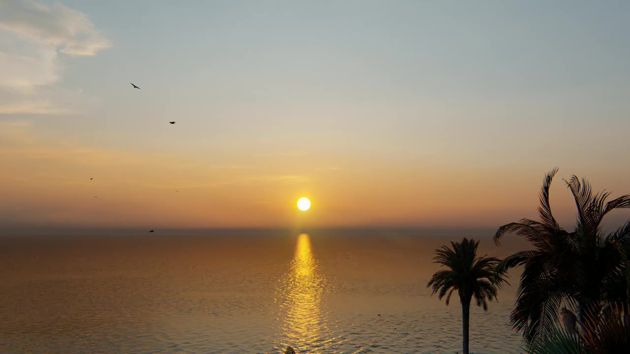 戏剧性的海上日出。燃烧的天空和闪耀的金色海浪。日落海4 k。红色的天空，黄色的太阳和惊人的海洋。夏日夕阳海景。大西洋海滩日落。3 d渲染。视频素材