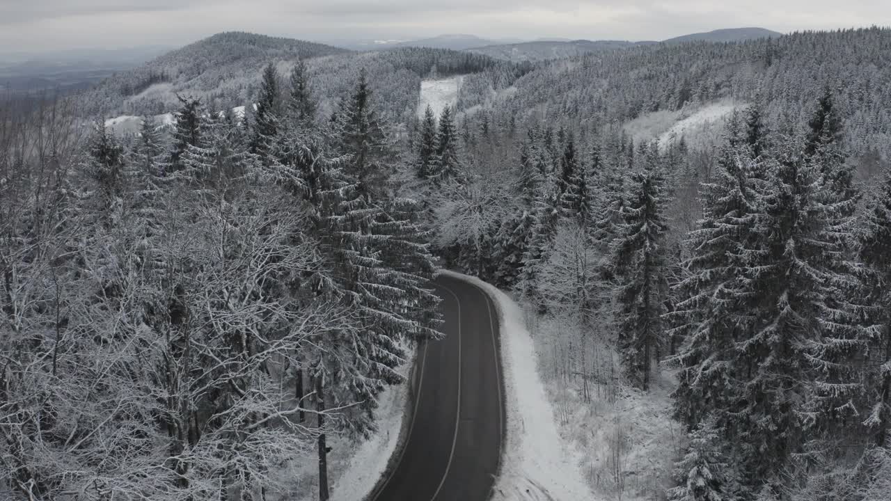 在冬天，宽阔的道路、高大的松树和覆盖着积雪的山的全景。冰冻的木头。视频素材