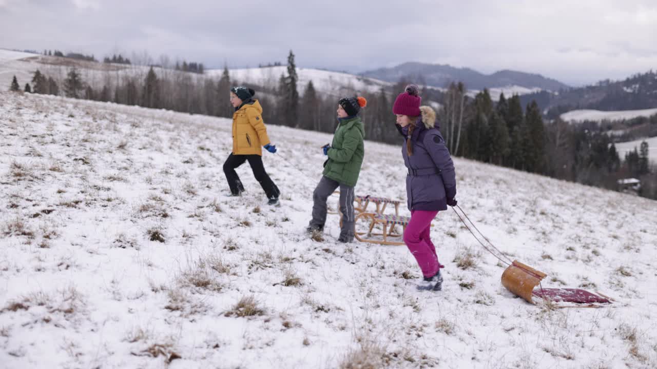 冬天的一天，三个孩子在山上滑雪橇视频素材