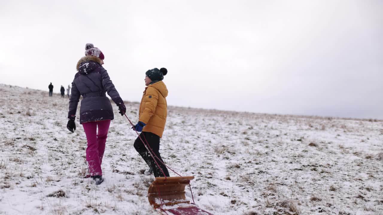 冬天的一天，两个孩子在山上滑雪橇视频素材