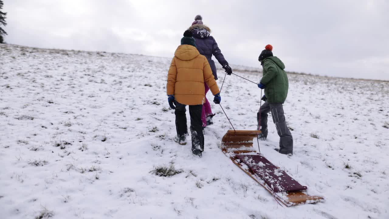 冬天的一天，三个孩子在山上滑雪橇视频素材