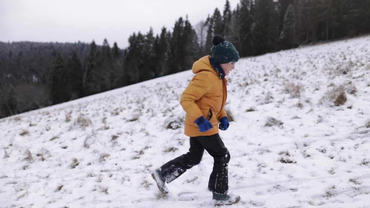 冬天的一天，两个孩子在山上滑雪橇视频素材