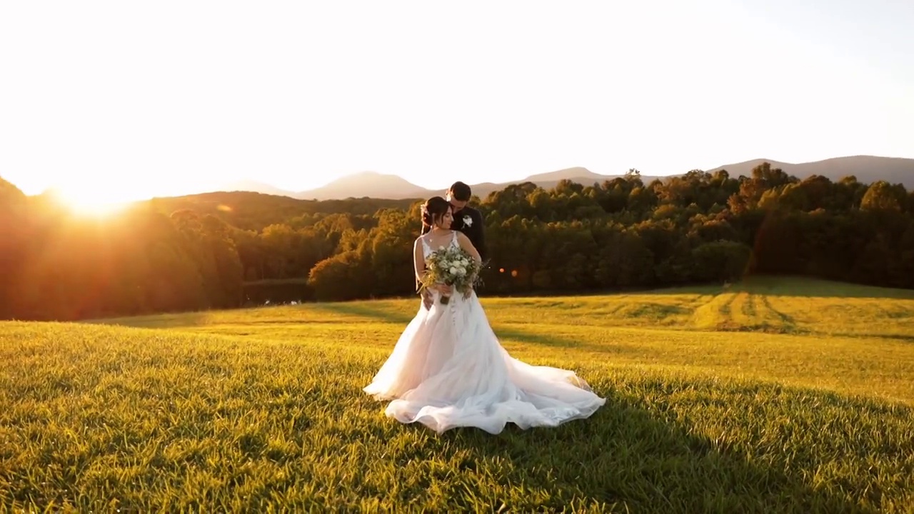 新婚夫妇与全景的山和日落视频素材