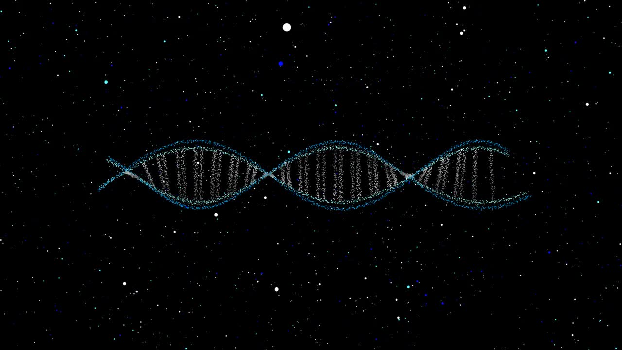 DNA结构科学生物技术动画3D旋转和蓝白色粒子细胞移动视频素材