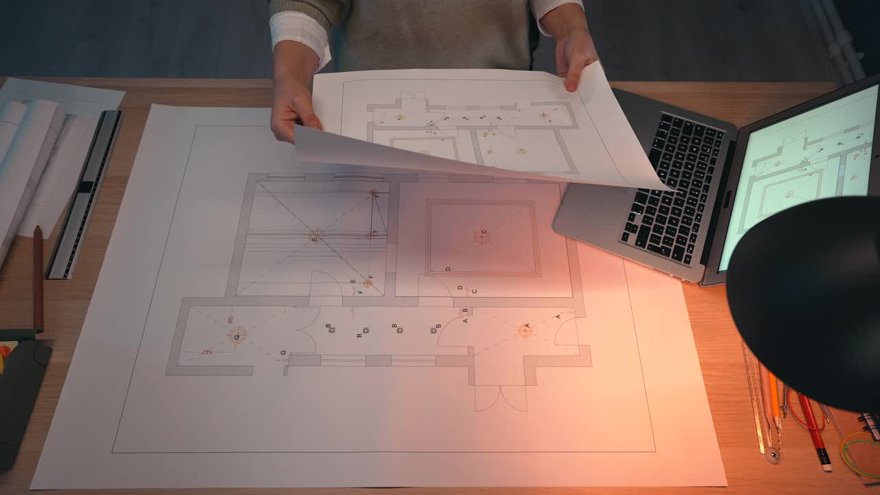 女建筑师为她的新项目工作到深夜。视频素材