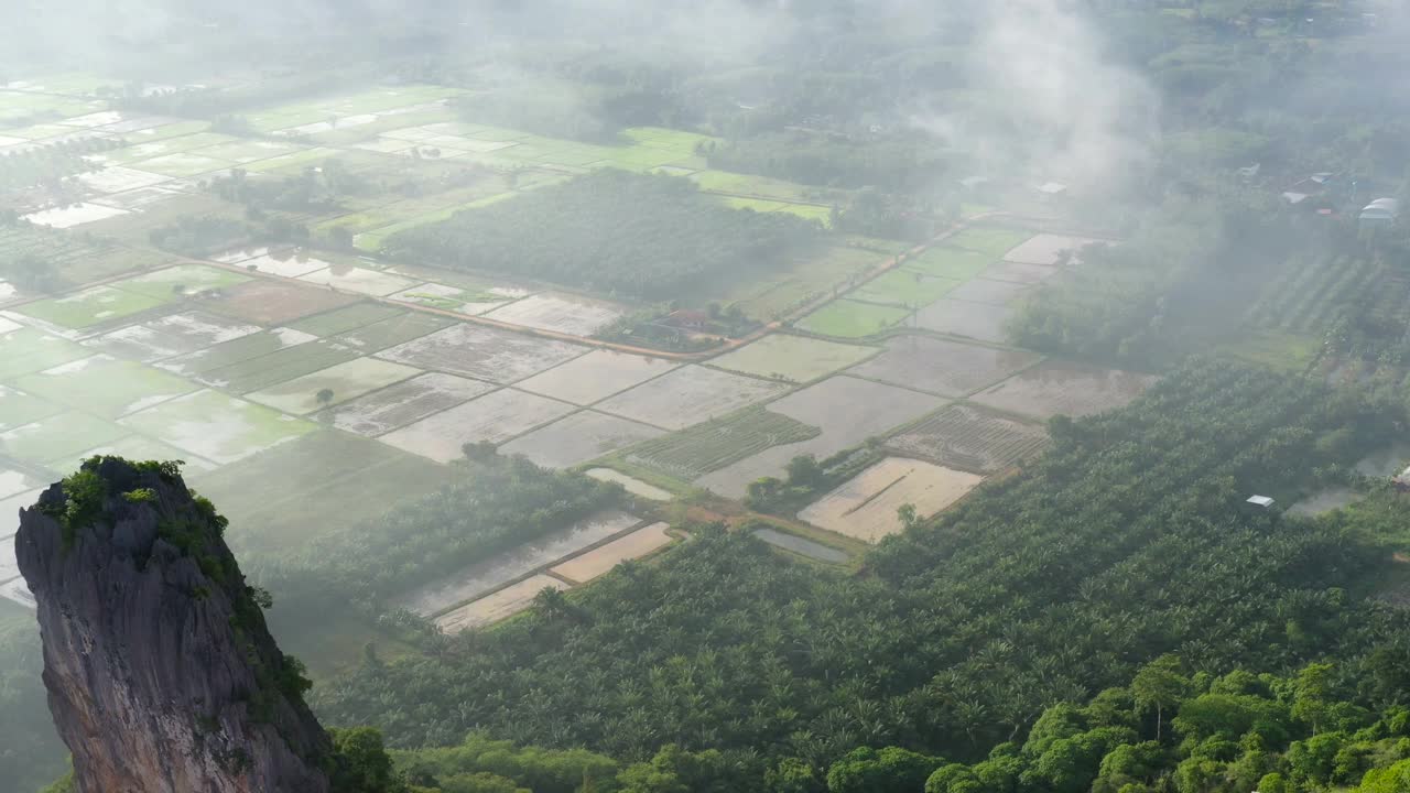 无人机拍摄的泰国松卡古哈山清晨的农田和山景，大雾弥漫视频素材