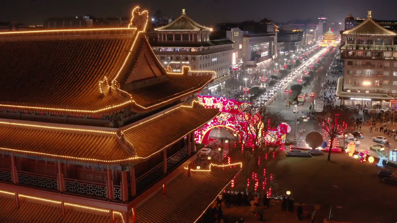 鸟瞰图古城墙南门庆祝中国春节，西安，陕西，中国视频素材