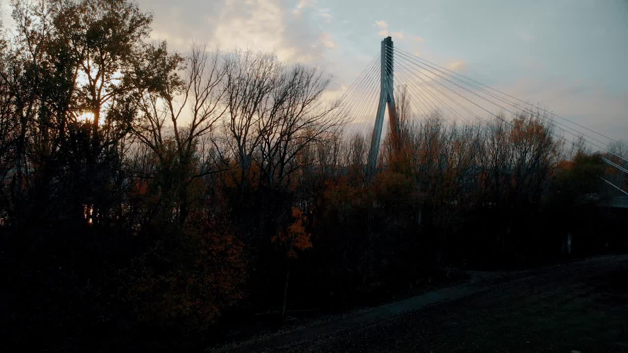 美丽的全景无人机俯瞰华沙市中心，摩天大楼和Swietokrzyski桥(En: Holy Cross Bridge)是波兰华沙维斯瓦河上的一座斜拉桥视频素材