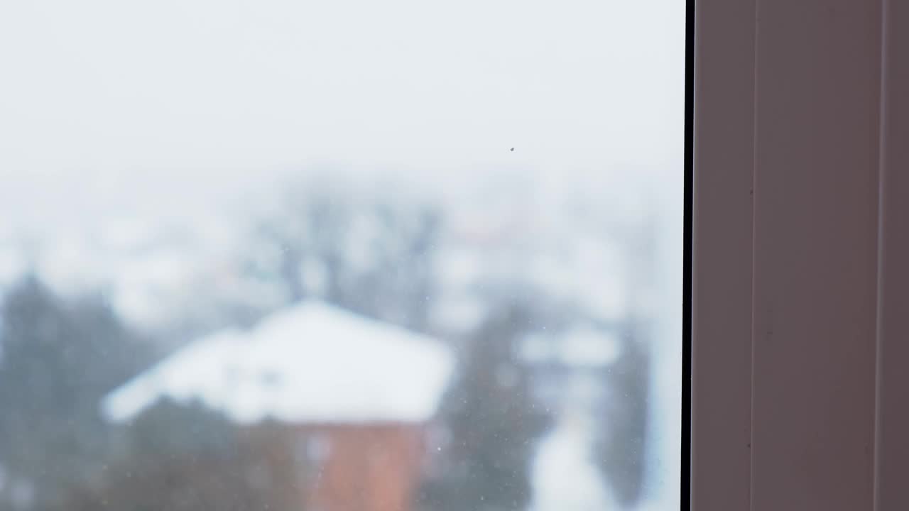 雪落。白雪覆盖的城市，雪花飞舞的慢镜头。散焦。有选择性的重点。模糊的冬季背景寒冷的天气视频素材