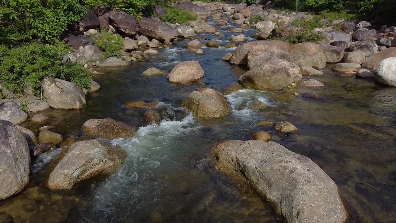 风景山涧瀑布流过岩石通过绿色植物在森林。视频素材