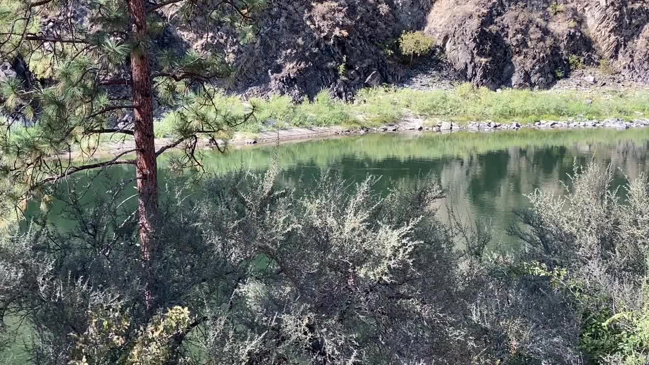 美丽动人的平移看着在平静流动的河流中山脉的倒影视频素材