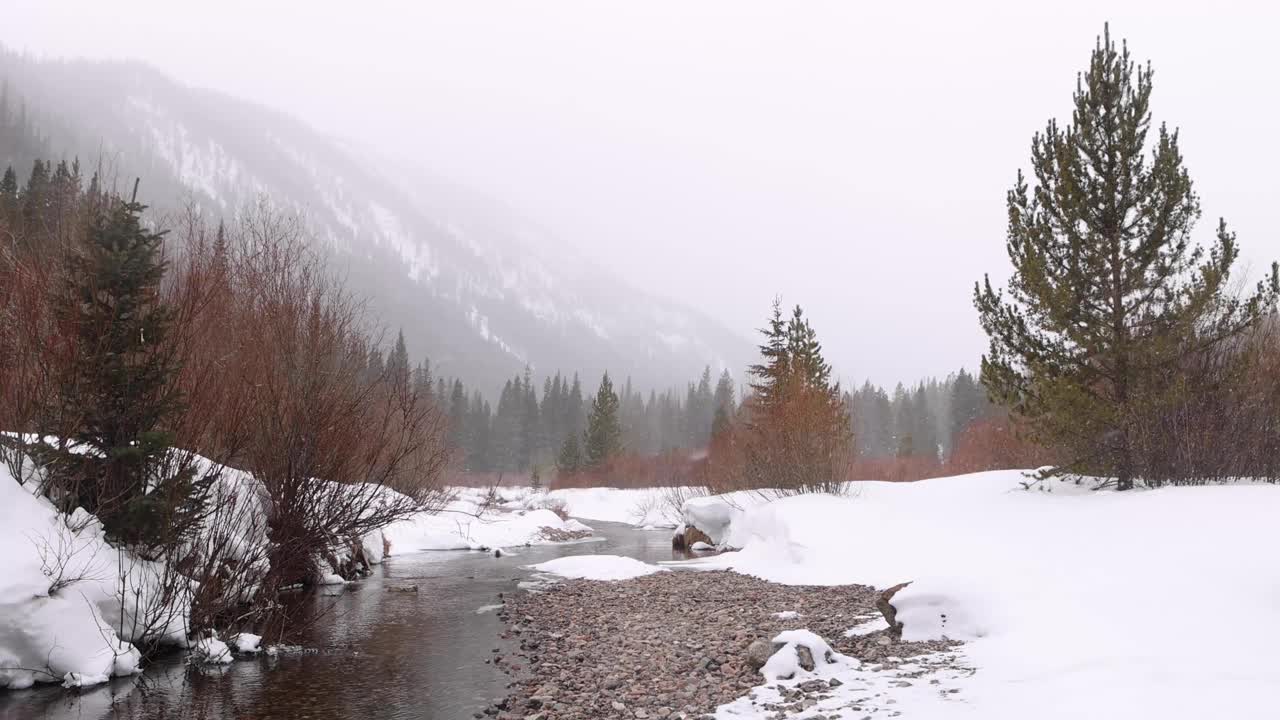 在暴风雪中站在河边的徒步旅行者视频素材