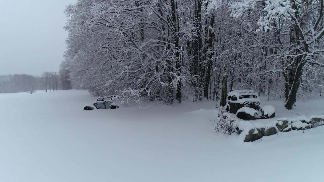 冬季雪景公园和旧汽车密歇根无人机鸟瞰图视频素材