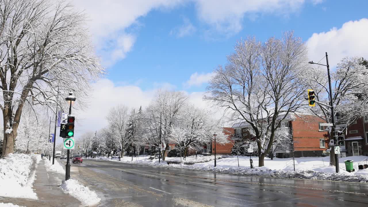 蒙特利尔雪布鲁克街景后的一场暴风雪视频素材