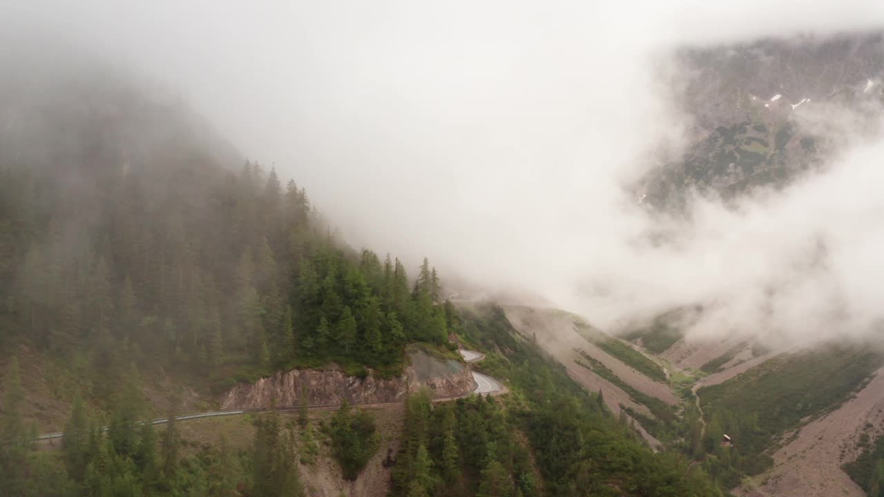 在雾山山顶的景观，充满了森林和松树视频素材