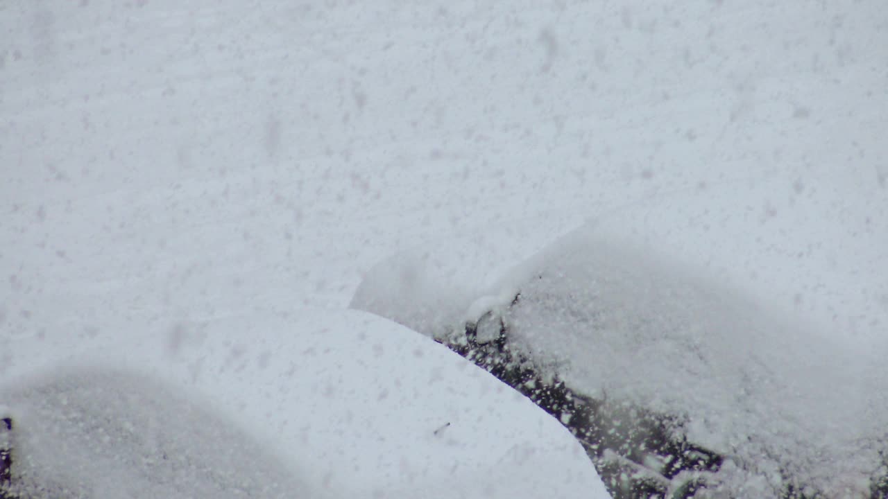 一场暴风雪把汽车盖上了雪。视频素材