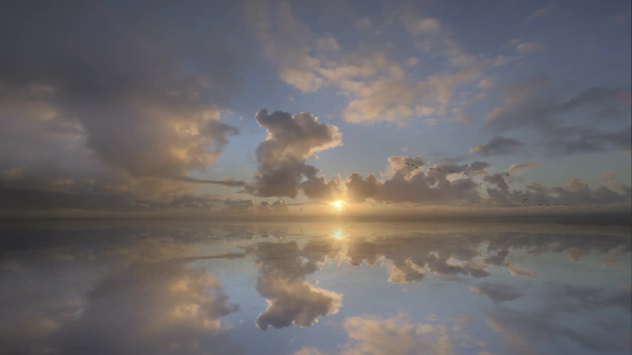 雁群迁徙，美丽的夕阳倒映在湖面上视频素材