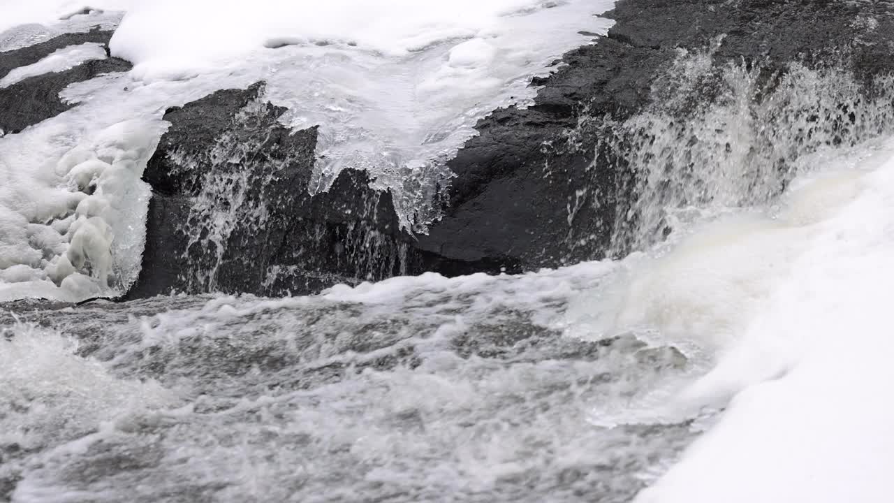 冬季河流自然景观，Kiamika河，劳伦提斯，魁北克，加拿大视频素材