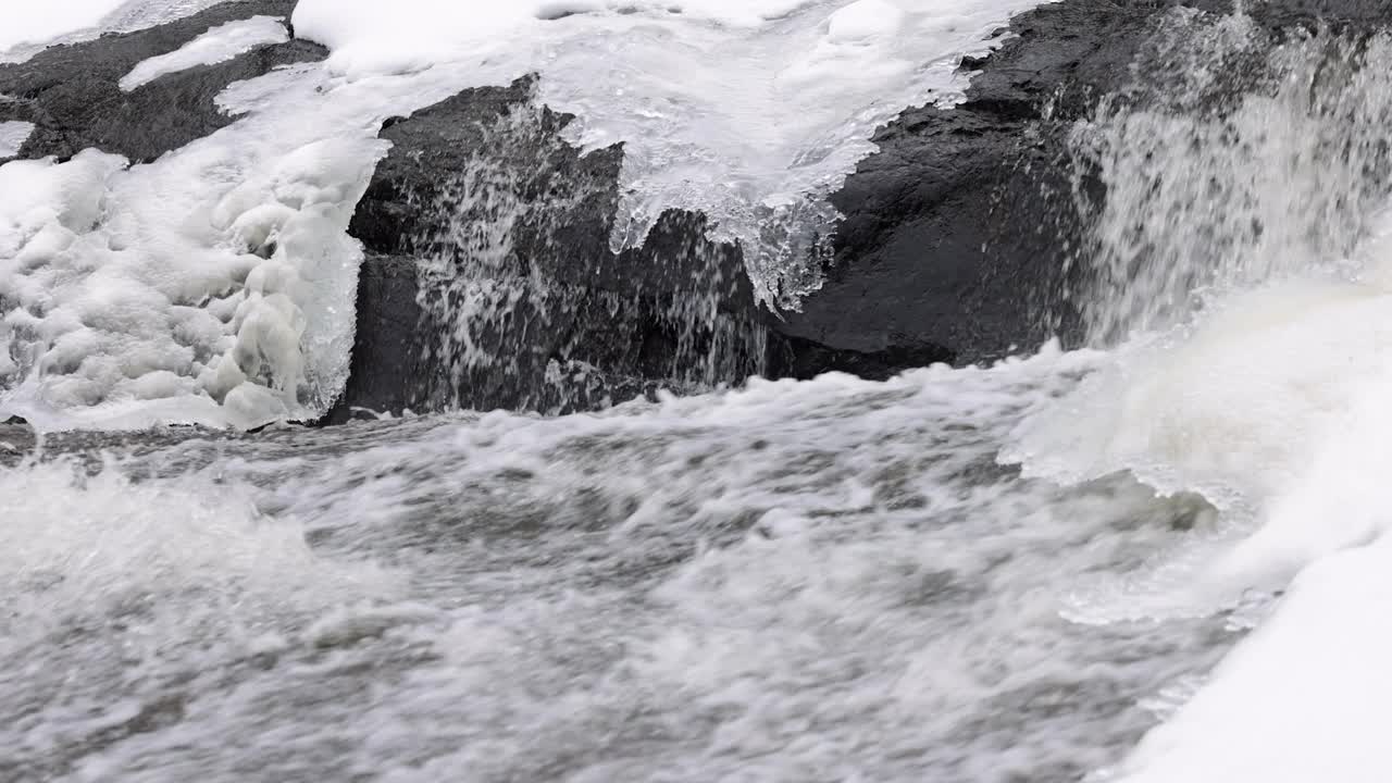 冬季河流自然景观，Kiamika河，劳伦提斯，魁北克，加拿大视频素材