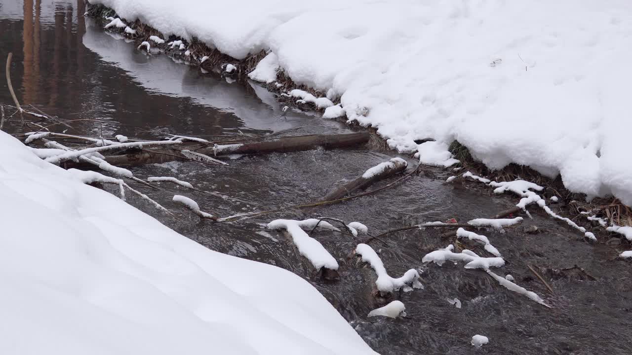 景观与雪河与水在寒冷的晚上。静态摄像头视频素材