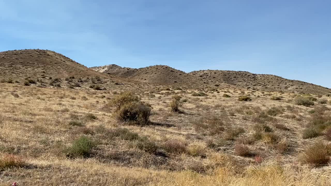 穿过一个干旱的沙漠贫瘠的地区，有干燥的灌木丛和晴朗的天空视频素材