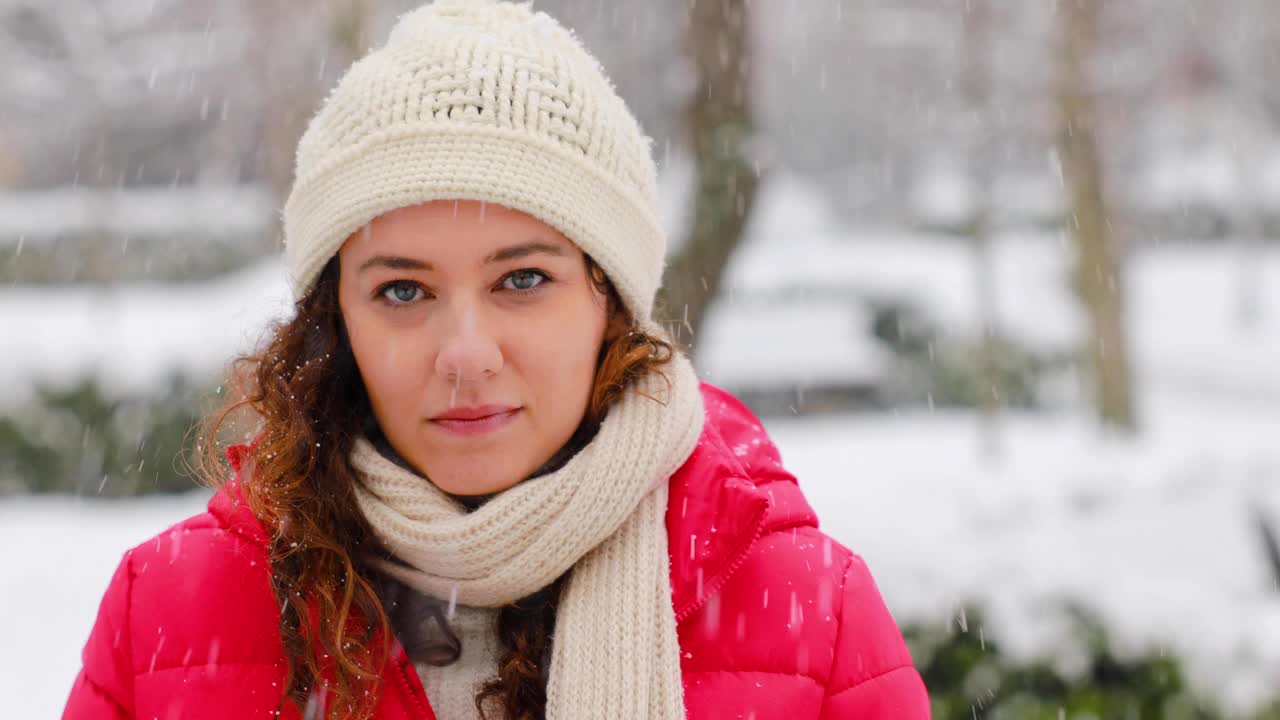 年轻女子正在享受下雪的冬日视频素材